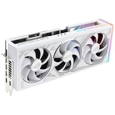 Eine weiße Grafikkarte mit drei Lüftern und RGB-Lichteffekten. Aufschrift 'GEFORCE RTX' und 'ROG STRIX' sichtbar.