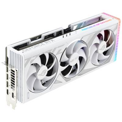 Weiße Grafikkarte mit drei Lüftern, Aufschrift 'GEFORCE RTX' und RGB-Leiste. Mehrere Anschlüsse auf der Seite sichtbar.