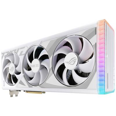 Weiße GPU mit drei Lüftern und RGB-Beleuchtung rechts. Markierung mit ROG-Logo. Geeignet für Gaming und Grafikbearbeitung.