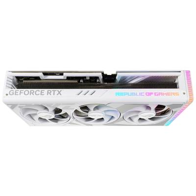 Eine weiße Grafikkarte mit drei Lüftern und RGB-Beleuchtung. Aufschrift: 'GeForce RTX' und 'Republic of Gamers'.