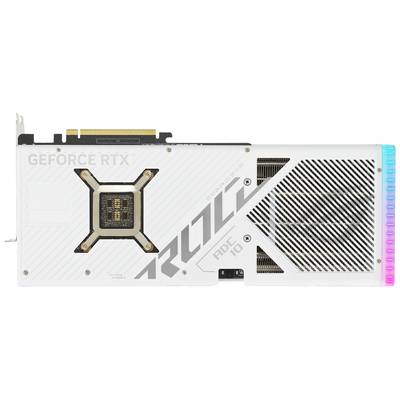 Eine weiße Grafikkarte mit der Aufschrift 'GEFORCE RTX' und 'ROG'. Sie hat ein Lüftergitter und einen bunten Leuchtstreifen an der Seite.