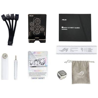'Inhalt eines Gaming-Grafikkarten-Pakets: Kabel, Quick-Start-Anleitung, Grafikkartenhalterung, Werkzeug und Sammlerstein.'
