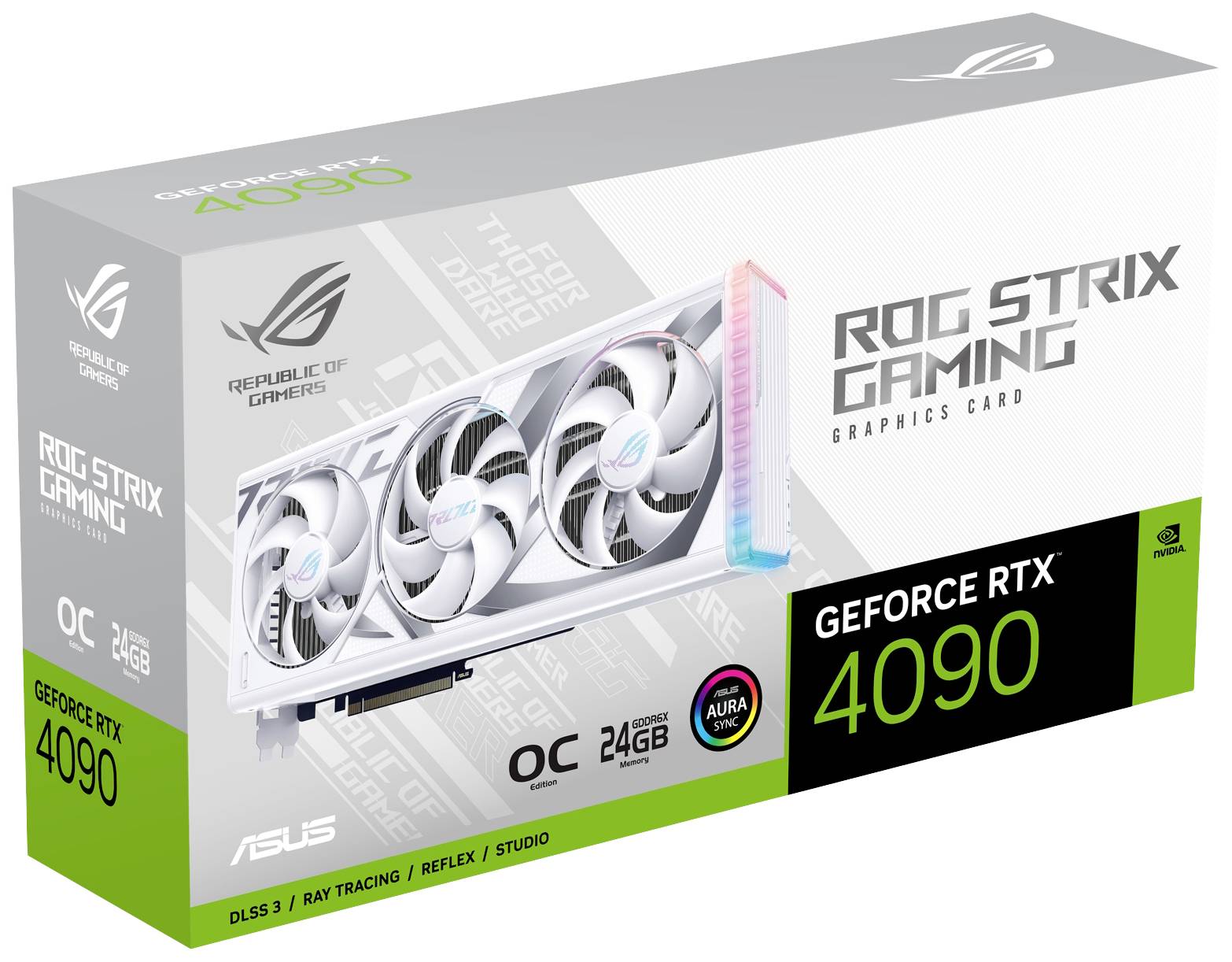 Grafikkartenverpackung ASUS ROG Strix GeForce RTX 4090. Weiße Karte mit drei Lüftern, 24 GB Speicher, DLSS 3, Ray Tracing und Reflex.
