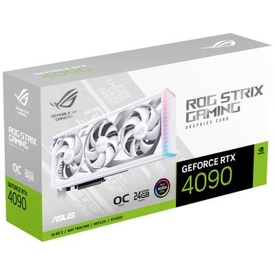 Grafikkartenverpackung ASUS ROG Strix GeForce RTX 4090. Weiße Karte mit drei Lüftern, 24 GB Speicher, DLSS 3, Ray Tracing und Reflex.