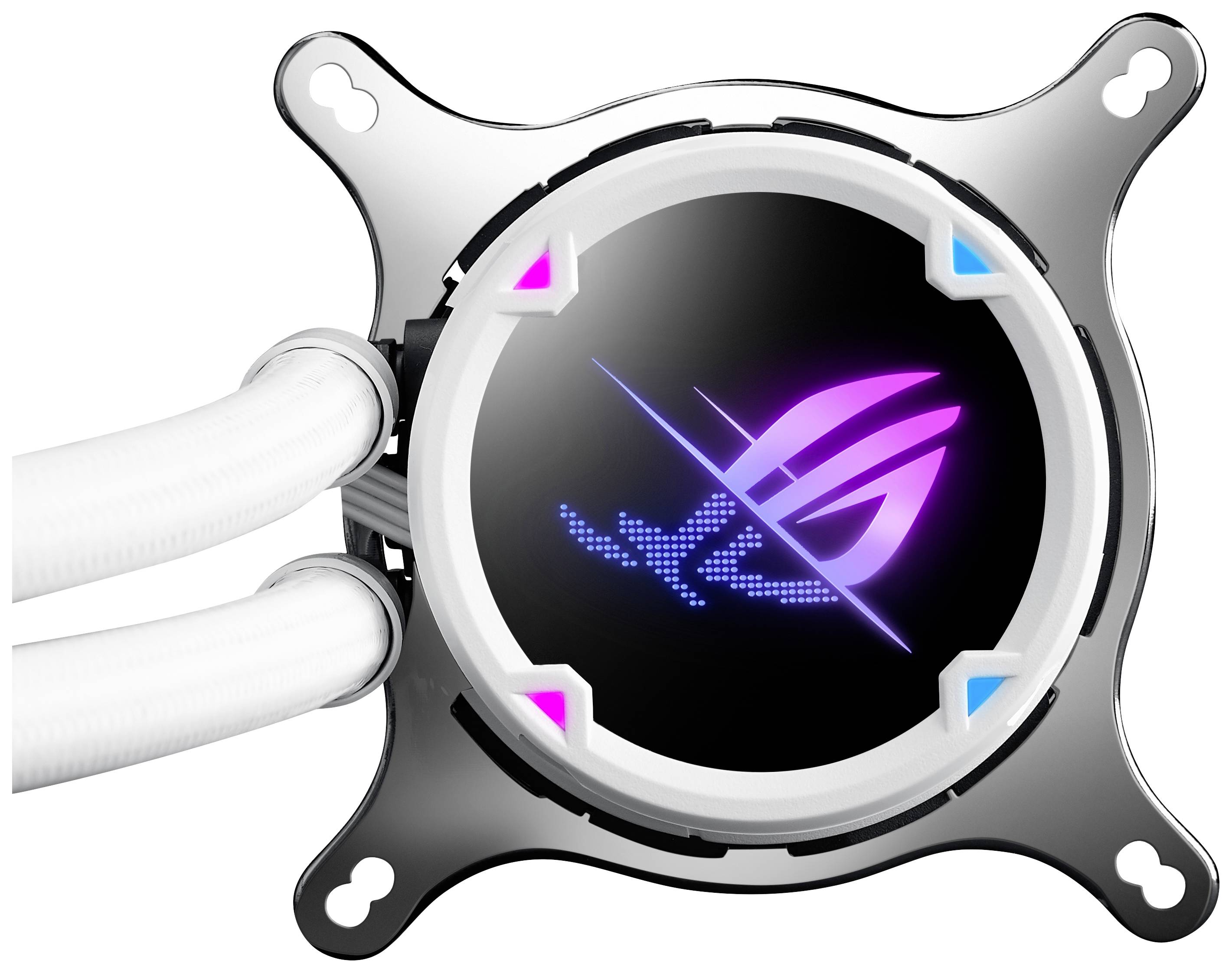 Kühler mit schimmerndem Logo in der Mitte und zwei weißen Schläuchen, die für die Kühlung eines Computersystems verwendet werden.