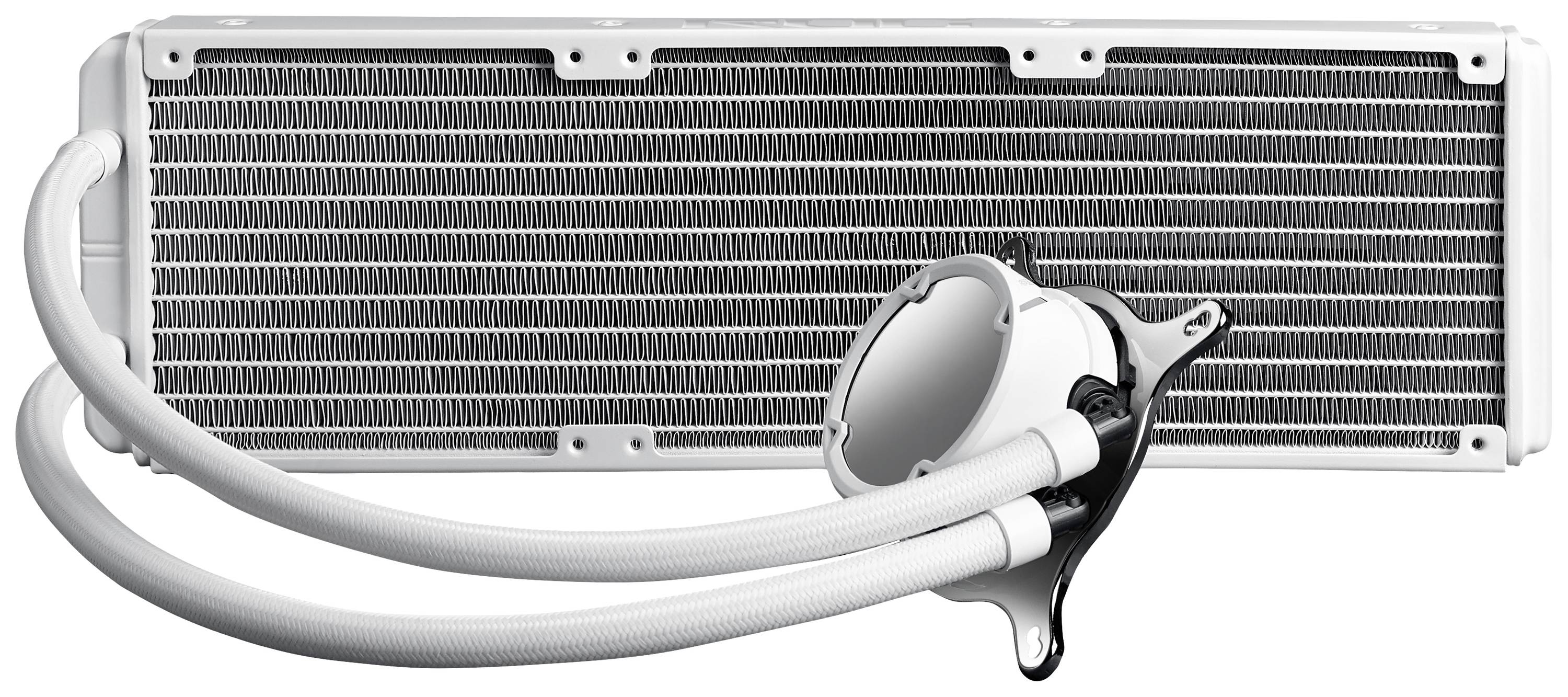 Ein weißer Computer-Wasserkühler mit zwei Schläuchen und Montagerahmen, verwendet zur Kühlung der CPU in einem PC.