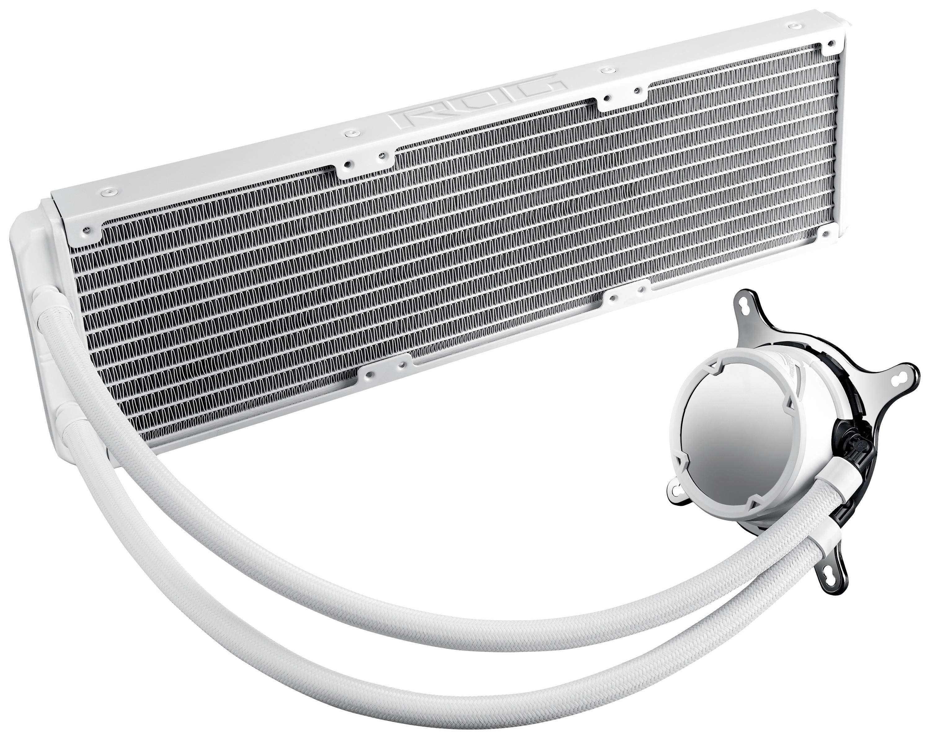 Eine weiße PC-Wasserkühlung mit einem langen Radiator und zwei flexiblen Schläuchen, die mit der Pumpeneinheit verbunden sind.