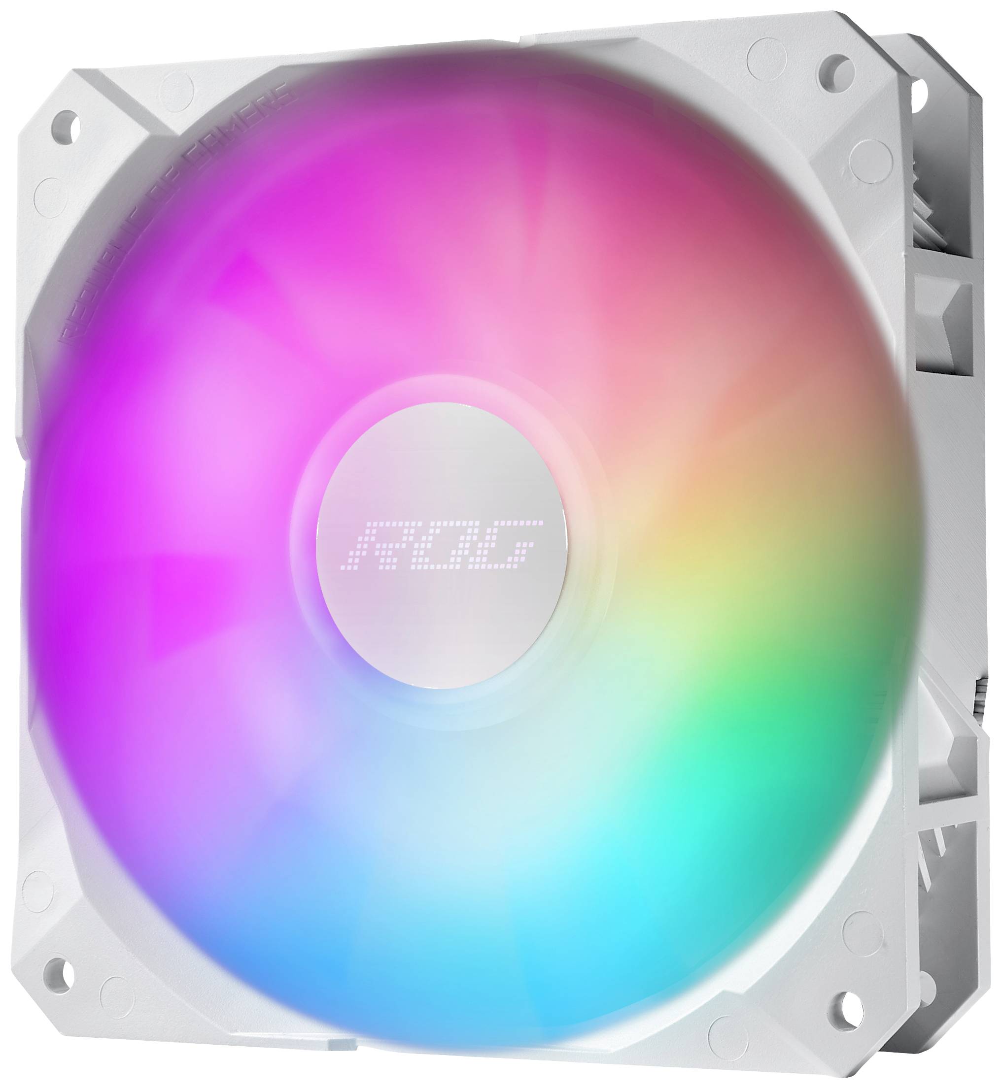 Ein weißer Computerlüfter mit RGB-LEDs, die in Regenbogenfarben leuchten. Auf dem Rotor steht 'ROG'.
