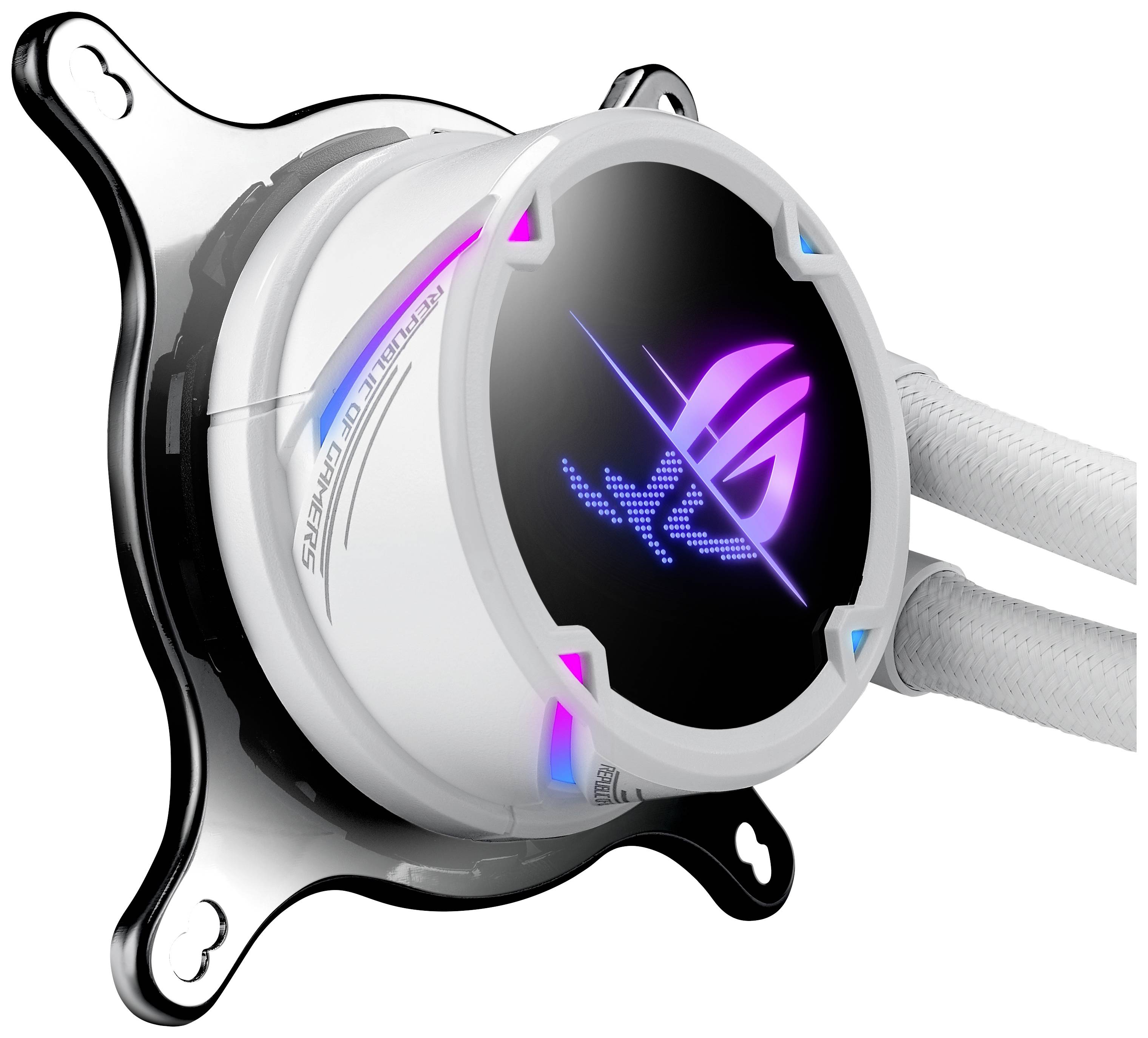 Wasserkühlungspumpe mit leuchtendem Logo und RGB-Lichteffekten, geeignet für Computer-CPUs; stilvolles, modernes Design.