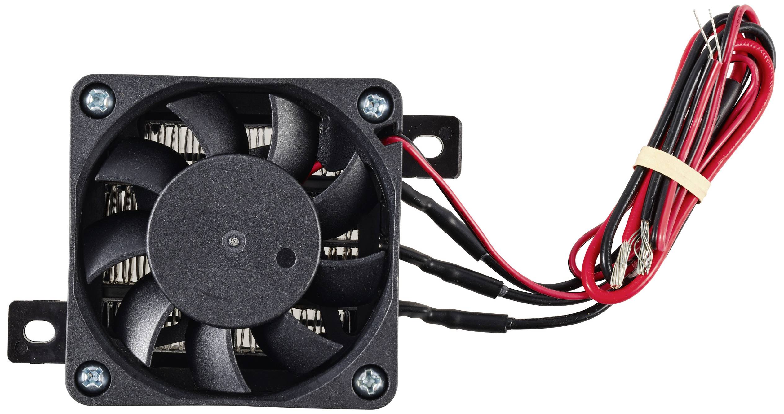 Ein kleiner, quadratischer Computerlüfter mit schwarzem Gehäuse und mehreren roten und schwarzen Kabeln zur Stromversorgung.