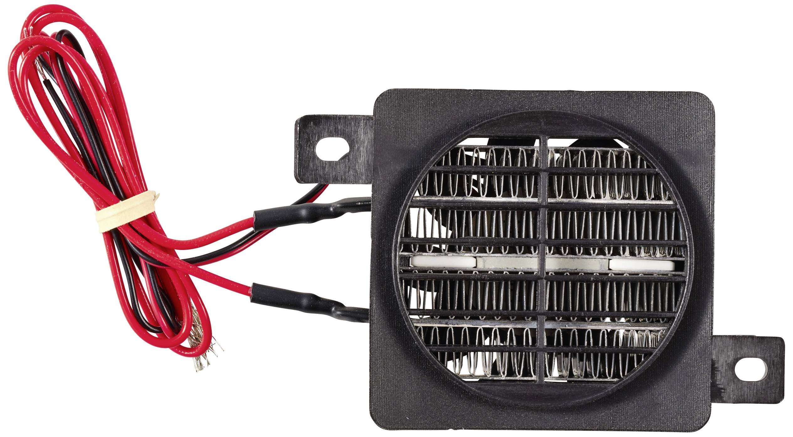 Ein rechteckiges elektrisches Heizelement mit Lüfter und zwei roten Kabeln mit schwarzem Stecker, zur Wärmeverteilung geeignet.