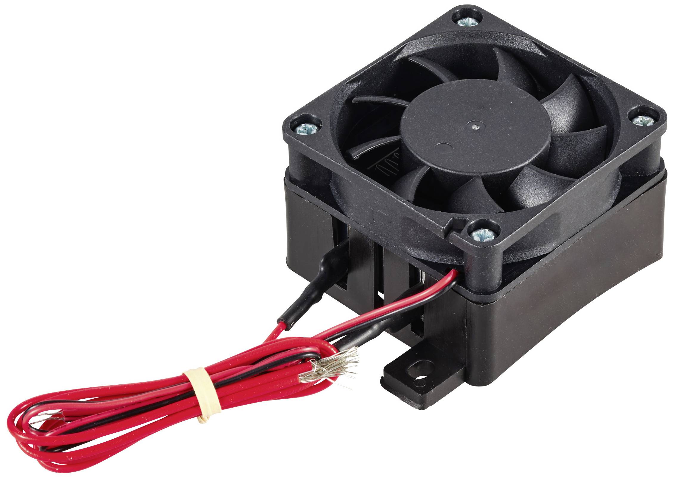 Ein kleiner, schwarzer Ventilator mit roten und schwarzen Kabeln, geeignet für elektronische Geräte zur Kühlung und Belüftung.