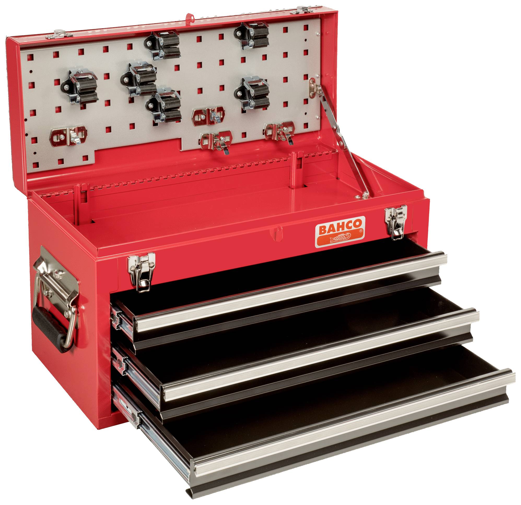 Roter Werkzeugkasten mit offenem Deckel und drei ausgezogenen Schubladen, die zur Aufbewahrung von Werkzeug dienen.