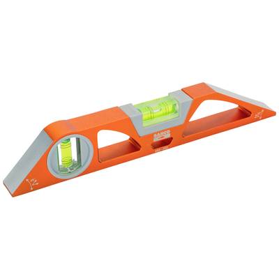 Wasserwaage mit orangefarbenem Gehäuse und zwei Libellen, eine horizontal und eine vertikal, zur genauen Ausrichtung.