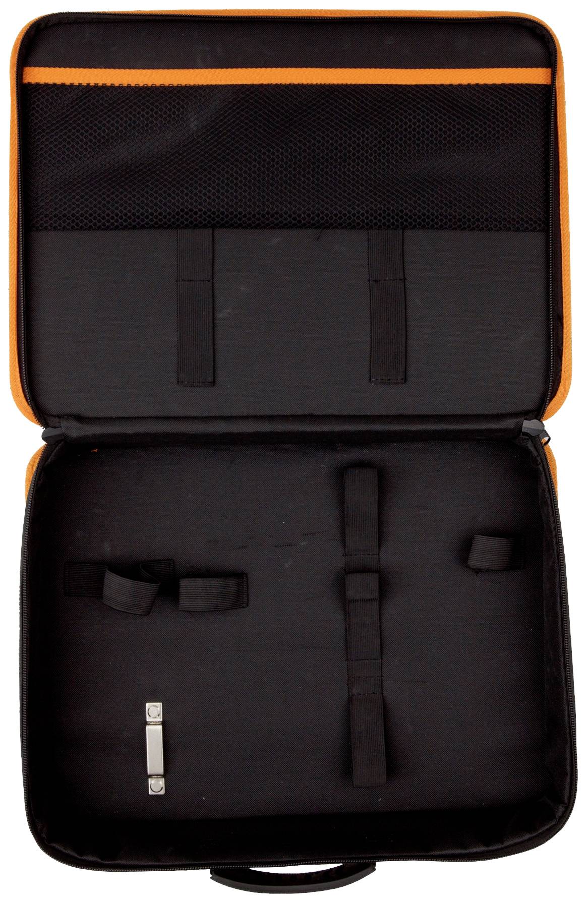 Schwarze, geöffnete Schutztasche mit Netzfächern und elastischen Bändern zur Aufbewahrung, orangefarbene Umrandung.