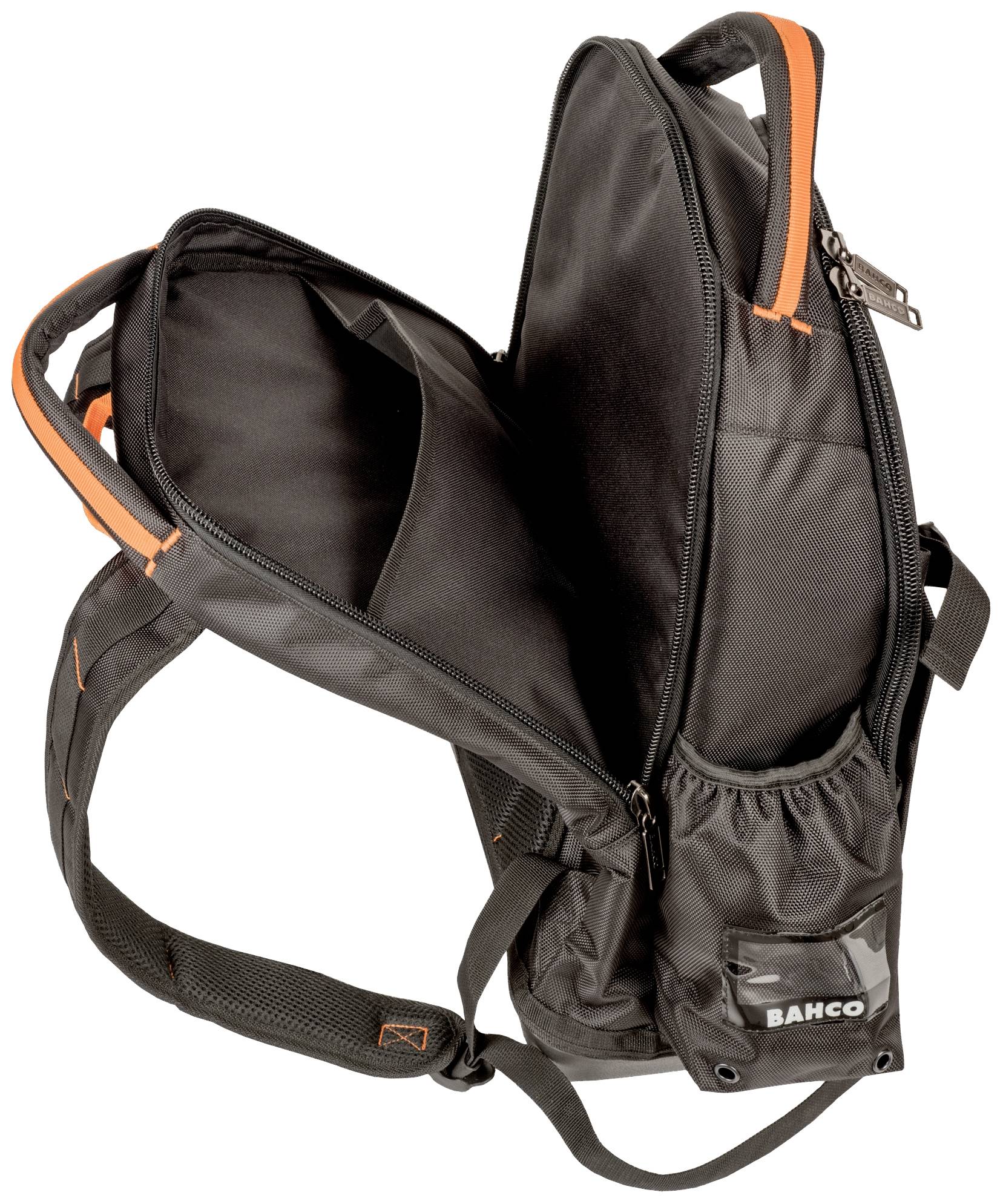Ein geöffneter schwarzer Rucksack mit orangefarbenen Akzenten, Seitenansicht. Marke 'BAHCO' auf einer Außentasche sichtbar.