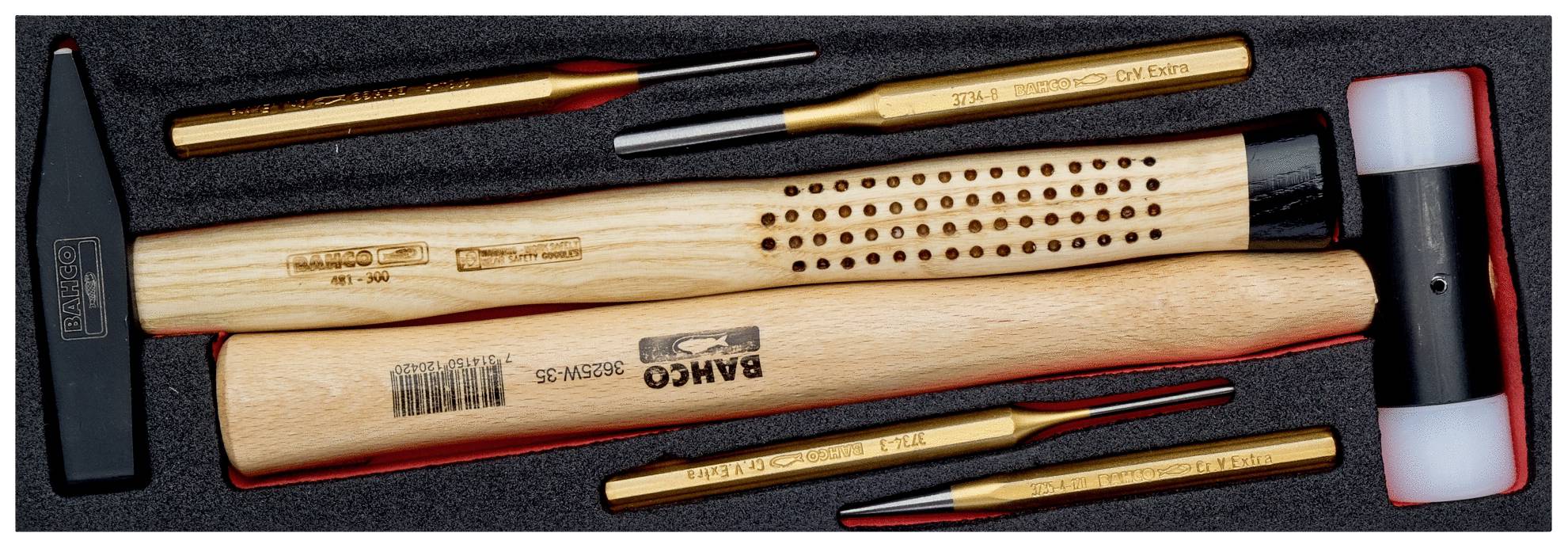 'Satz von Handwerkzeugen in einer Schaumstoffverpackung, bestehend aus einem Holzhammer, Metallstiften und einem schwarzen Hammerkopf.'