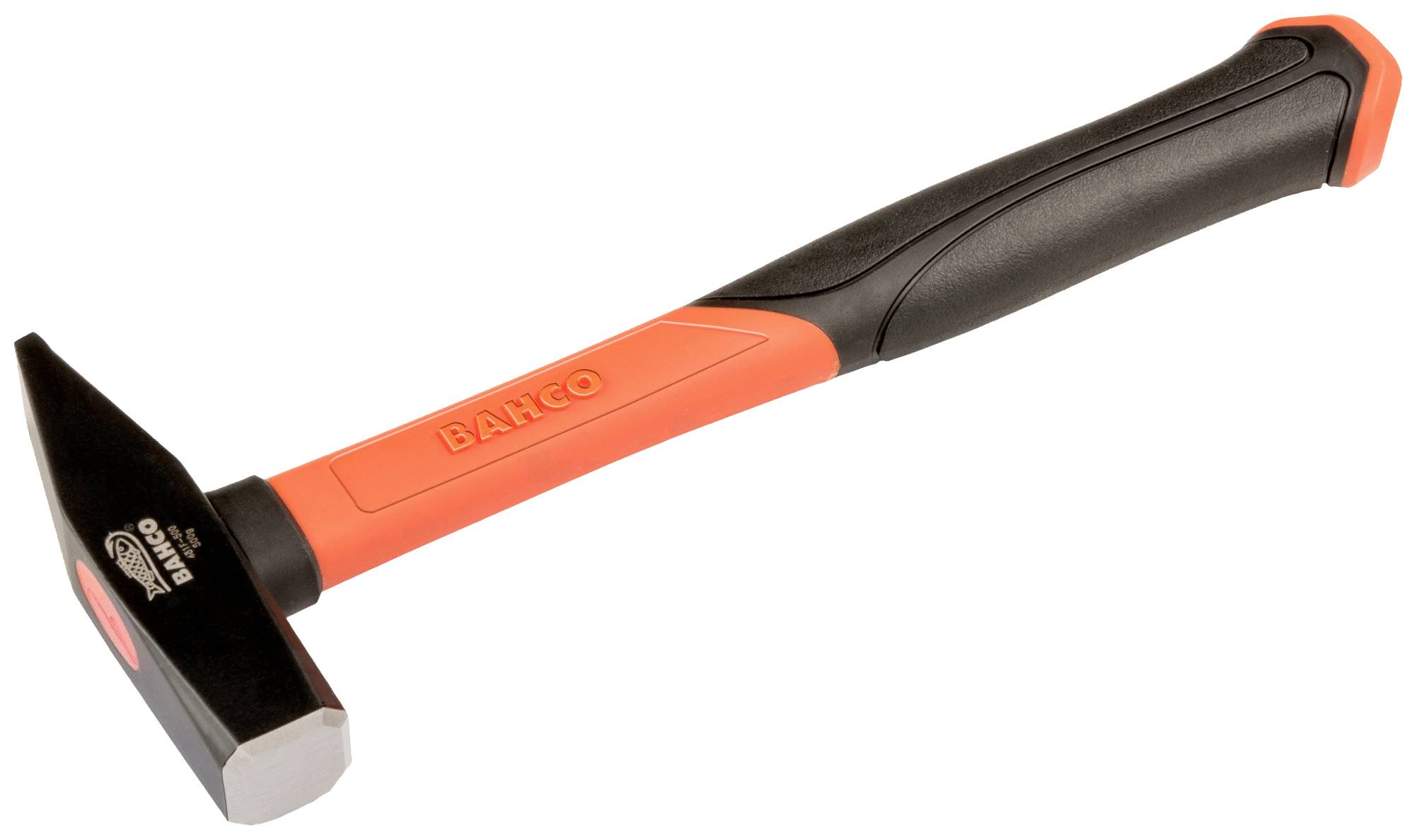 Ein Hammer mit einem schwarzen Griff und orangefarbenem Schaft liegt schräg.