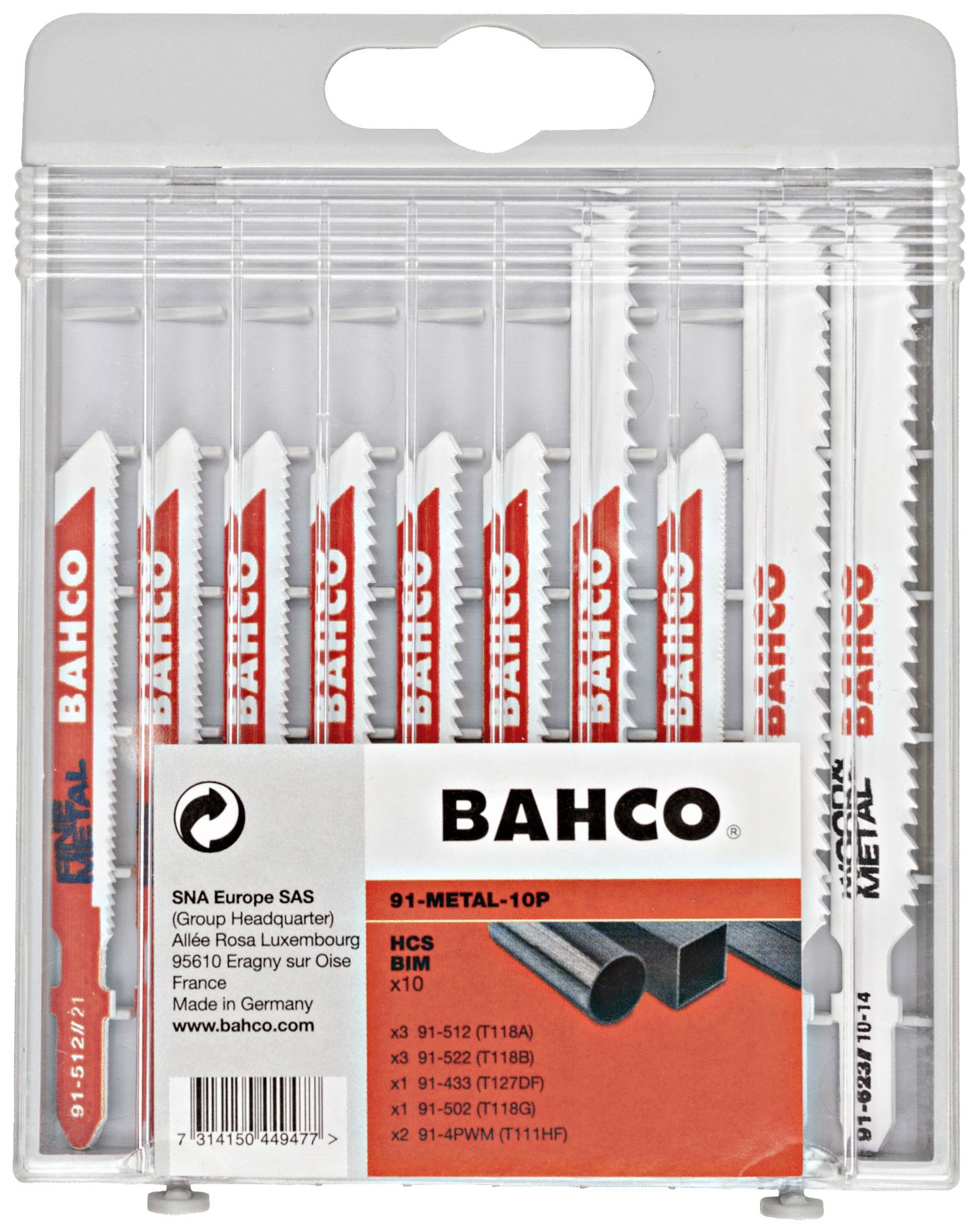 Eine Kunststoffverpackung mit zehn Metallsägeblättern der Marke Bahco, Modell 91-METAL-10P.