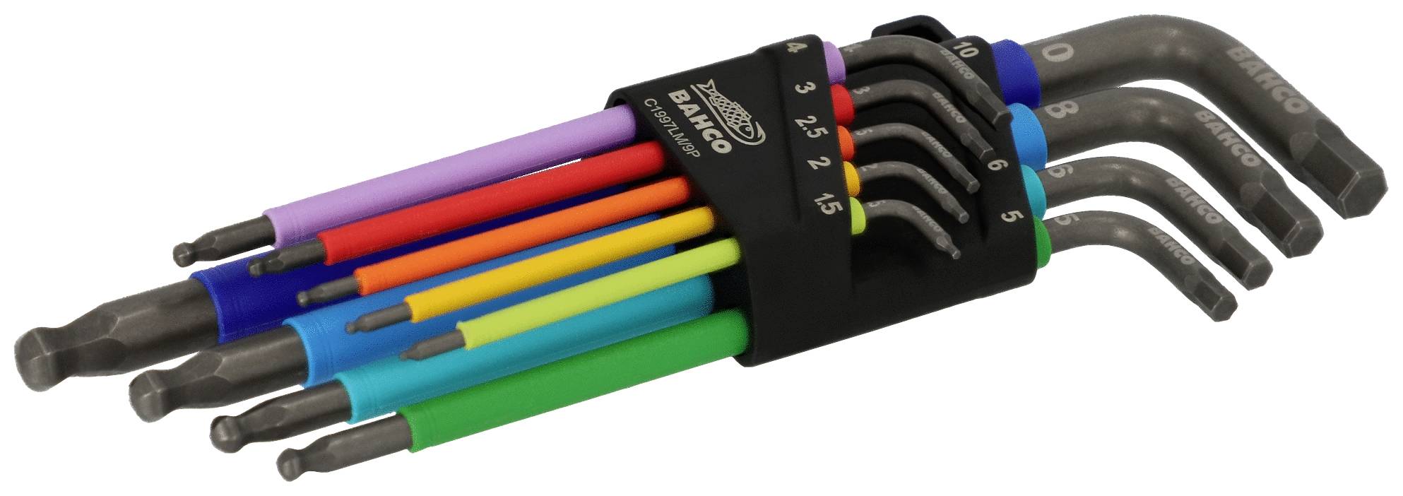 Mehrere bunte Inbusschlüssel in einem Halter, von 0,7 mm bis 4 mm.