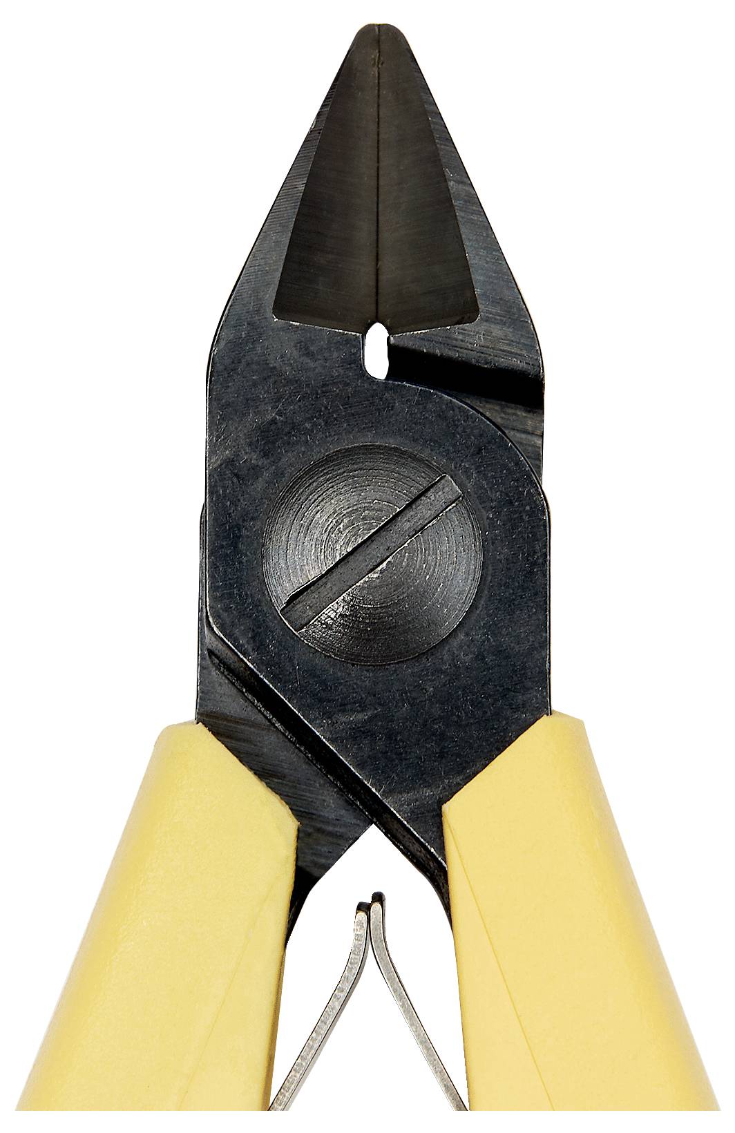 Drahtschneider-Werkzeug mit schwarzen Metallklingen und gelben Griffen, entwickelt zum Schneiden dünner Drähte oder Kabel.