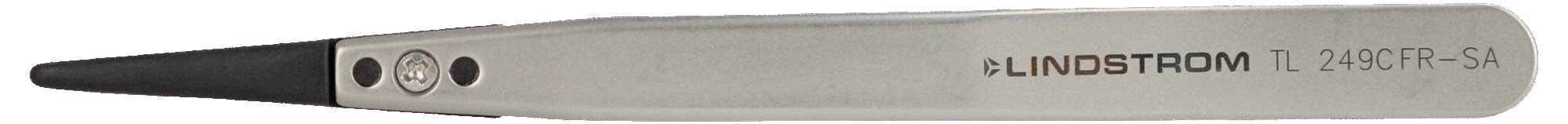 Nahaufnahme einer Lindstrom Präzisionspinzette mit spitzer Spitze. Das Modell ist mit '2499TR-SA' auf dem metallischen Griff markiert.