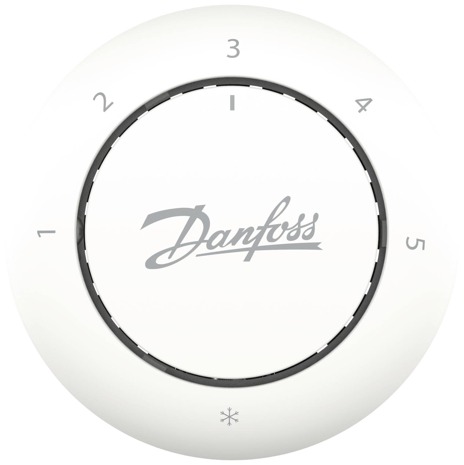 Thermostat-Display mit den Zahlen 1 bis 5, Markenname in der Mitte. Über dem Logo sind Temperaturstufen. Unten ein Frostschutzsymbol.