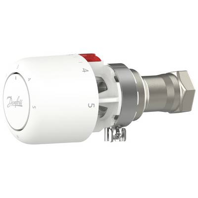 Weißes Heizkörperthermostat mit Ziffern 1 bis 5 und rotem Markierungspunkt. Verwendet zur Temperatureinstellung von Heizkörpern.