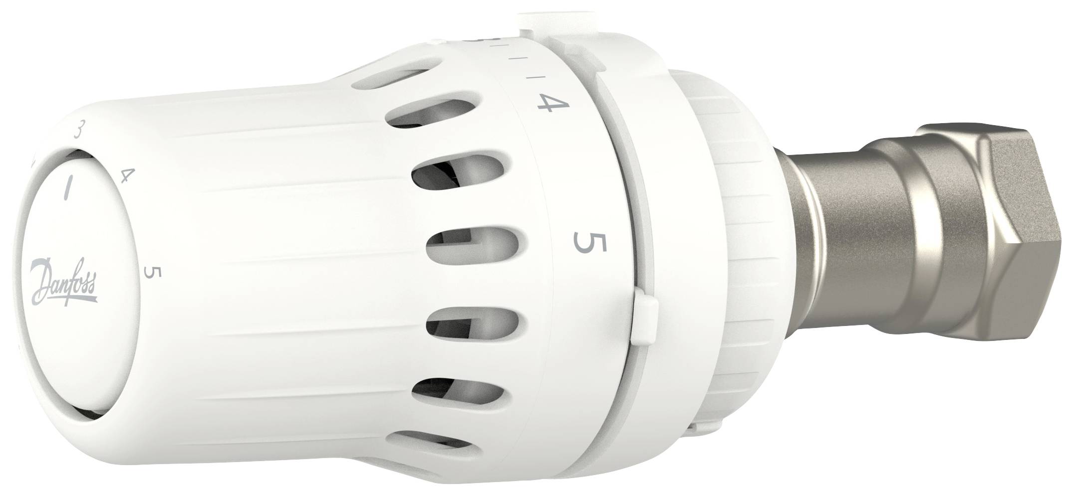 Ein weißer Heizkörperthermostat mit Ziffern von 1 bis 5 zur Regulierung der Raumtemperatur.