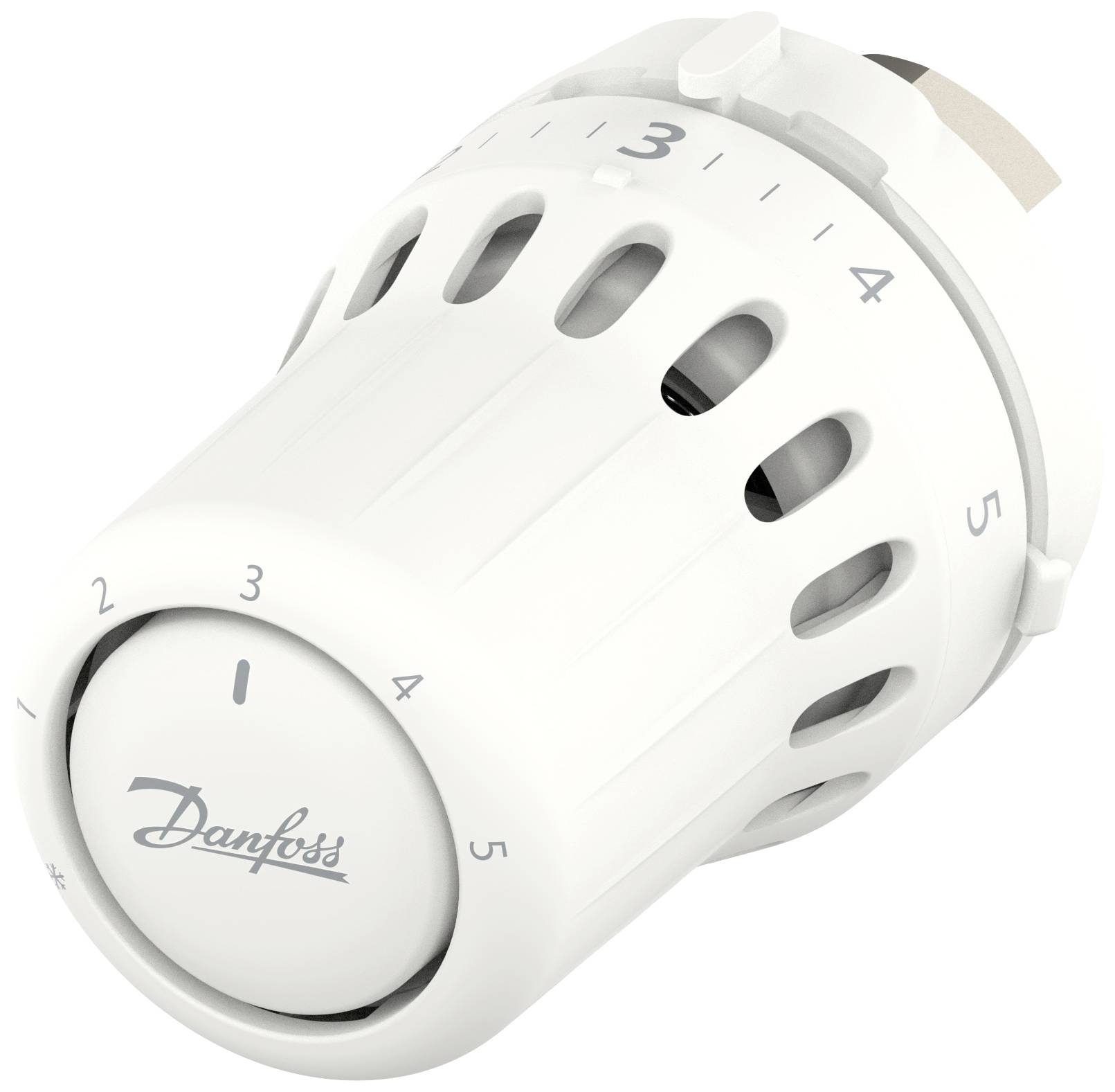 Weißer Heizkörperthermostat mit Einstellskala von 1 bis 5 und Markenlogo in der Mitte, Drehregler auf Stufe 3 eingestellt.
