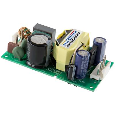 Elektronische Leiterplatte mit verschiedenen Kondensatoren, Spulen und einem gelben Transformator, darauf steht 'RECOM RACM40-SK/OF'.