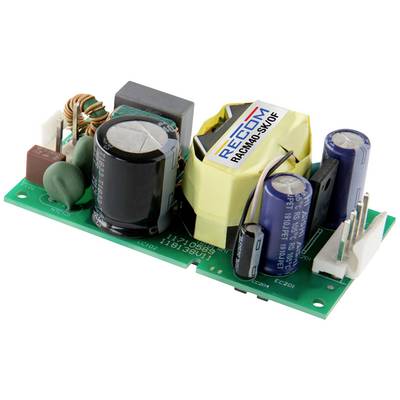 Leiterplatte mit elektronischen Bauteilen, darunter Spulen, Kondensatoren und ein gelbes Netzteilmodul mit der Aufschrift 'RECOM'.