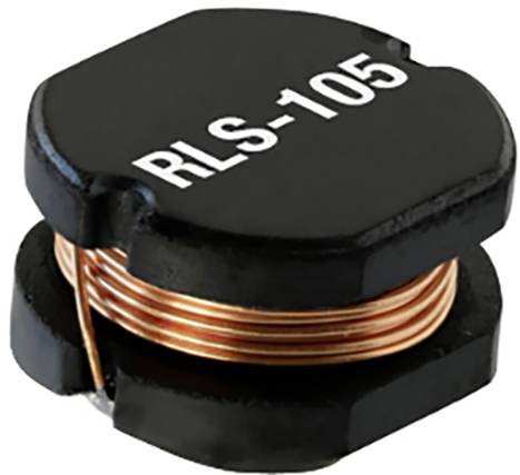 Ein quadratischer, schwarzer elektronischer Bauteil mit der Aufschrift 'RLS-105' und kupferne Drahtwicklung sichtbar an den Seiten.