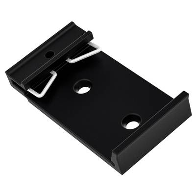 Ein schwarzer Metallclip mit zwei Löchern und einem silbernen Drahtbügel zur Befestigung, vermutlich für eine Halterung oder Aufhängung.