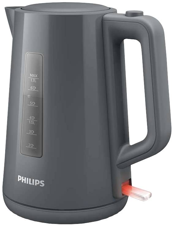 Dunkler Wasserkocher mit Wasserstandsanzeige und rotem Licht am Boden, Marke Philips.