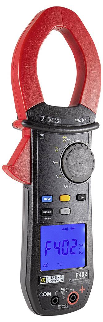 Ein digitales Stromzangenmessgerät, Anzeige zeigt 'F402' an. Gerät hat rote Zangen und mehrere Bedientasten auf der Vorderseite.