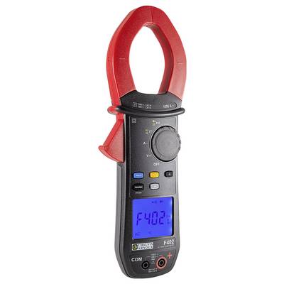 Ein digitales Stromzangenmessgerät, Anzeige zeigt 'F402' an. Gerät hat rote Zangen und mehrere Bedientasten auf der Vorderseite.