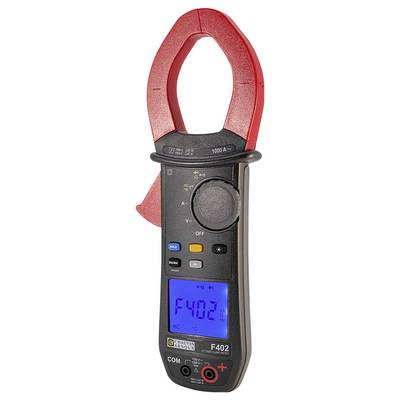 Ein digitales Zangenamperemeter mit blauem Display zeigt "F402". Es misst Stromstärke und hat rote Zangen für kontaktlose Messungen.