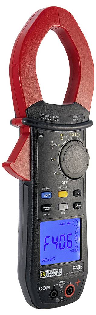 Digitales Zangenmessgerät mit roter und schwarzer Oberfläche zeigt auf einem LCD-Display den Wert 'F406'; Schalter und Tasten sichtbar.