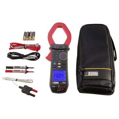 Ein digitales Zangenmultimeter-Set mit Kabeln, Batteriepaket, Messspitzen und schwarzer Tragetasche. Anzeige zeigt 'F604'.