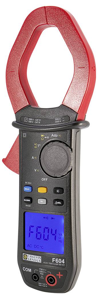 Das Bild zeigt ein digitales Zangenmultimeter mit roter Zange und blau beleuchtetem Display, das den Wert 'F604' anzeigt.