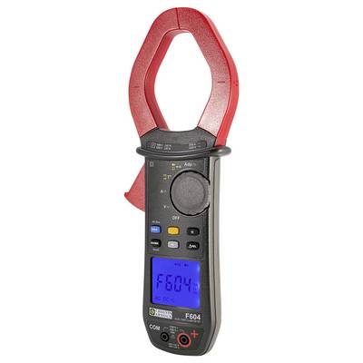 Das Bild zeigt ein digitales Zangenmultimeter mit roter Zange und blau beleuchtetem Display, das den Wert 'F604' anzeigt.