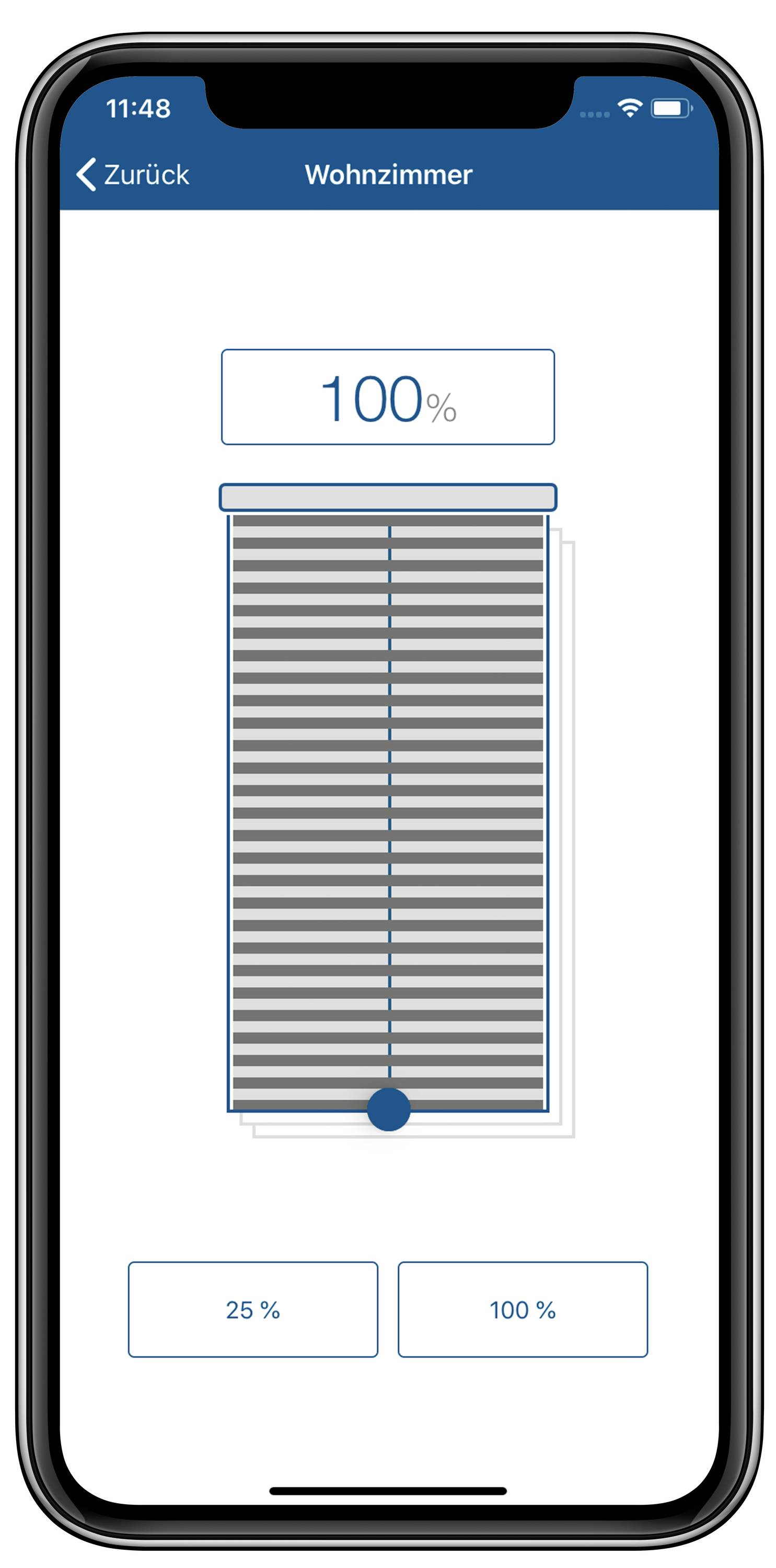 Ein Smartphone-Bildschirm zeigt eine App zur Steuerung von Jalousien. Eine Leiste markiert die Jalousieöffnung bei 100 %.