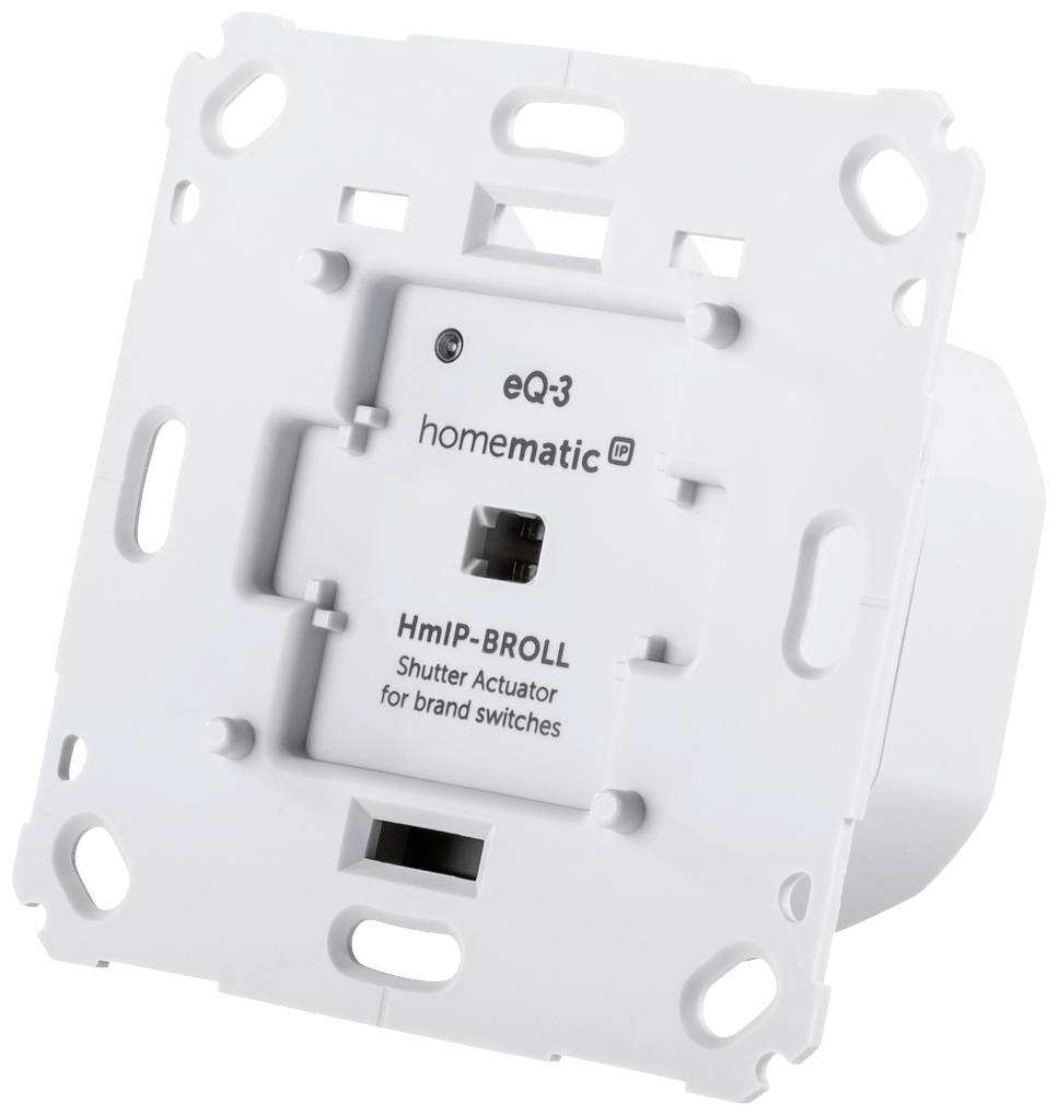 'HomeMatic HmIP-BROLL' Rollladenaktor für Markenschalter, weißes, viereckiges Gehäuse, geeignet für intelligente Haussteuerung.