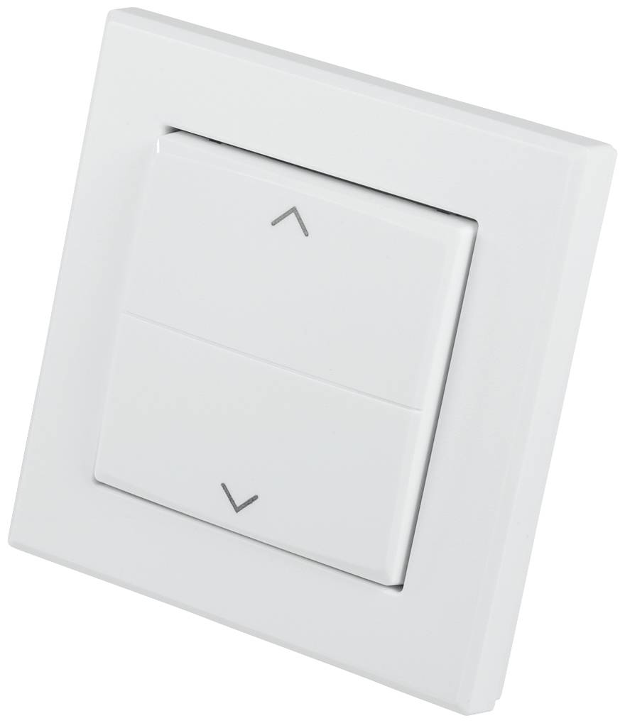 Ein weißer Wandschalter mit zwei Tasten, eine mit einem Pfeil nach oben und die andere mit einem Pfeil nach unten, zur Steuerung von Jalousien.