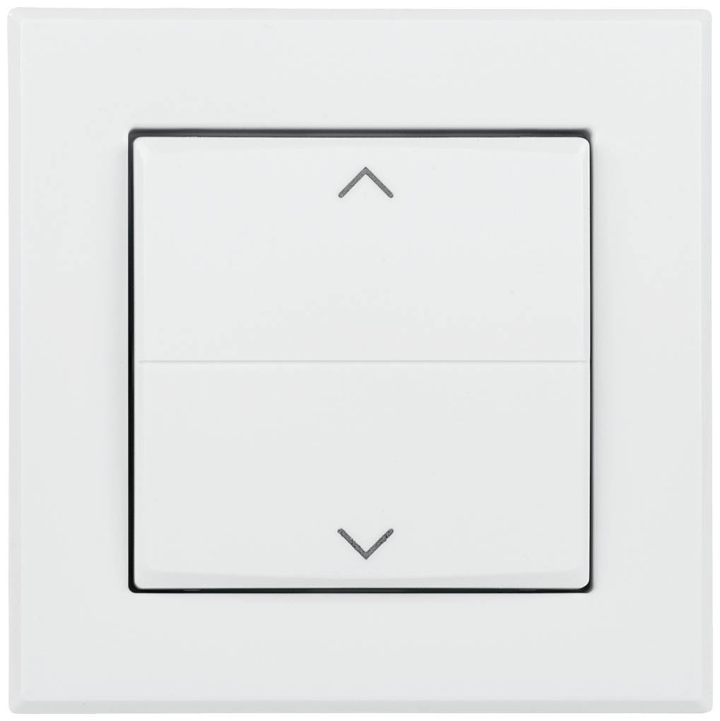 Ein weißer Wandschalter mit zwei Tasten, oben und unten, mit Pfeilsymbolen für die Steuerung von Jalousien oder Rollläden.