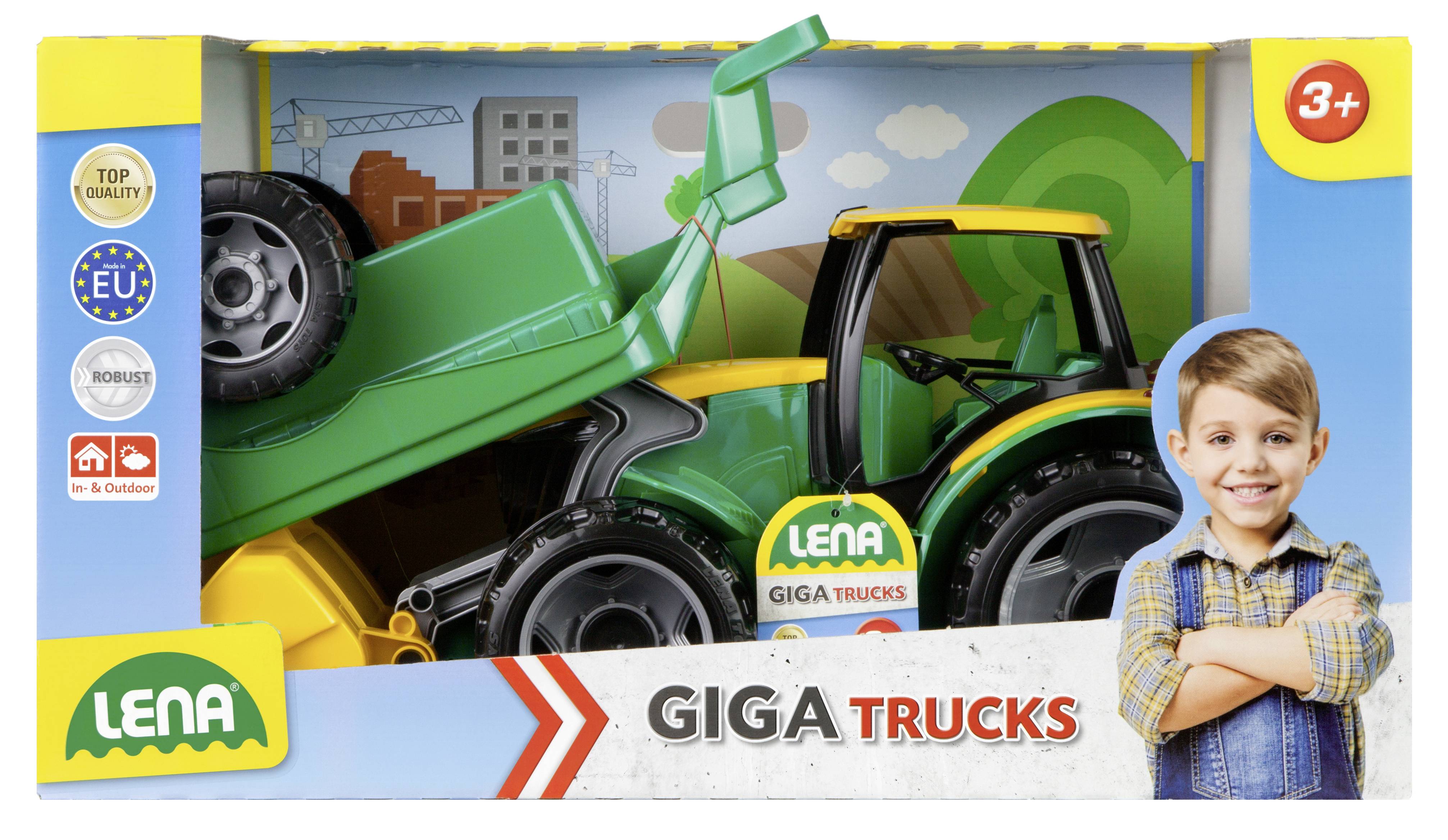 Verpackung eines Spielzeug-Traktors mit Anhänger, Marke 'Lena', für Kinder ab 3 Jahren, sowohl für drinnen als auch draußen geeignet.