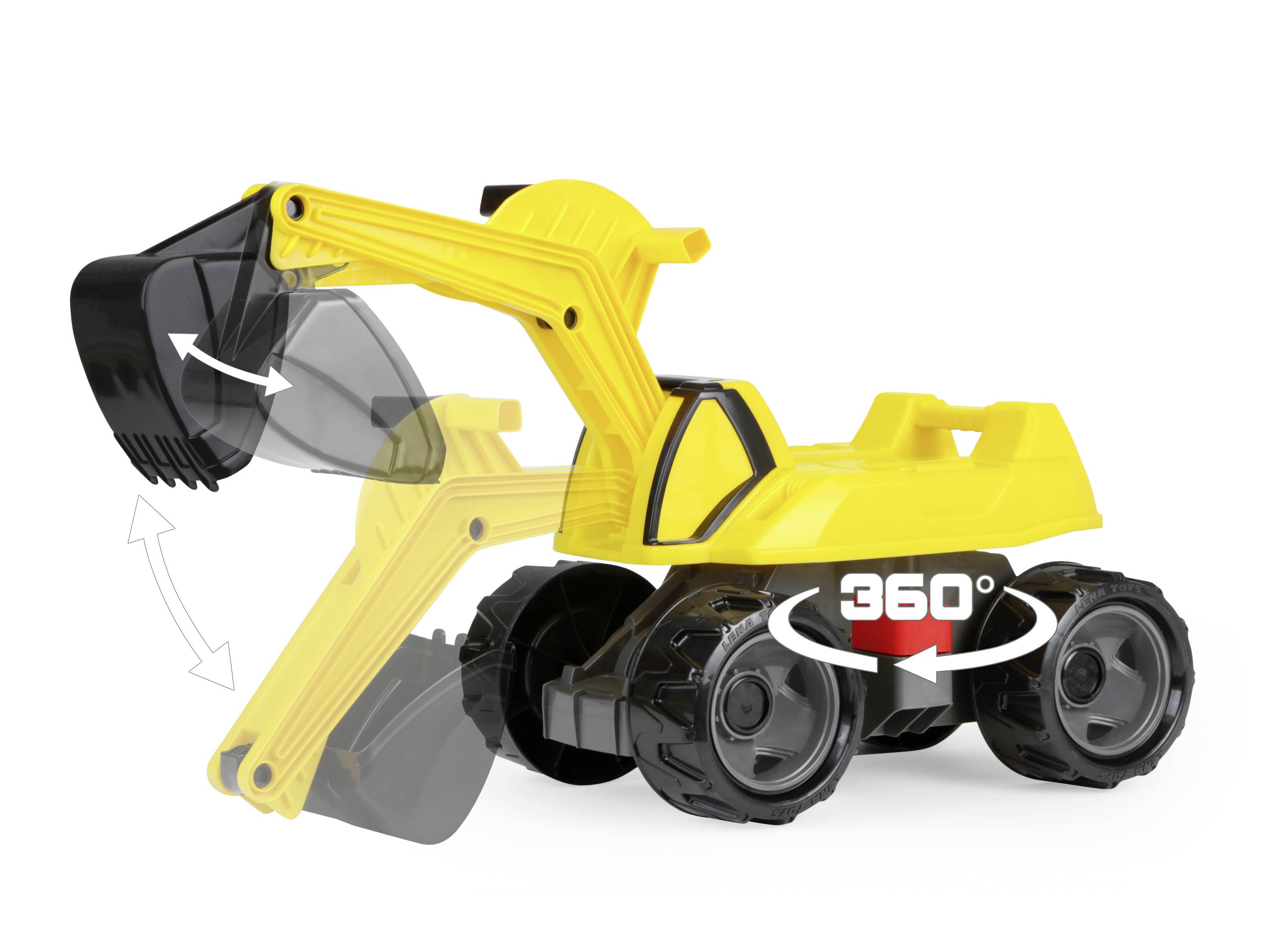 Ein gelber Spielzeugbagger mit beweglichem Arm zeigt eine 360-Grad-Drehung. Großrädriges Fahrgestell, betont bewegliche Teile.