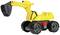Ein gelbes Spielzeug-Baufahrzeug mit schwarzen Rädern und einem beweglichen Arm mit Schaufel, auf einem weißen Hintergrund.