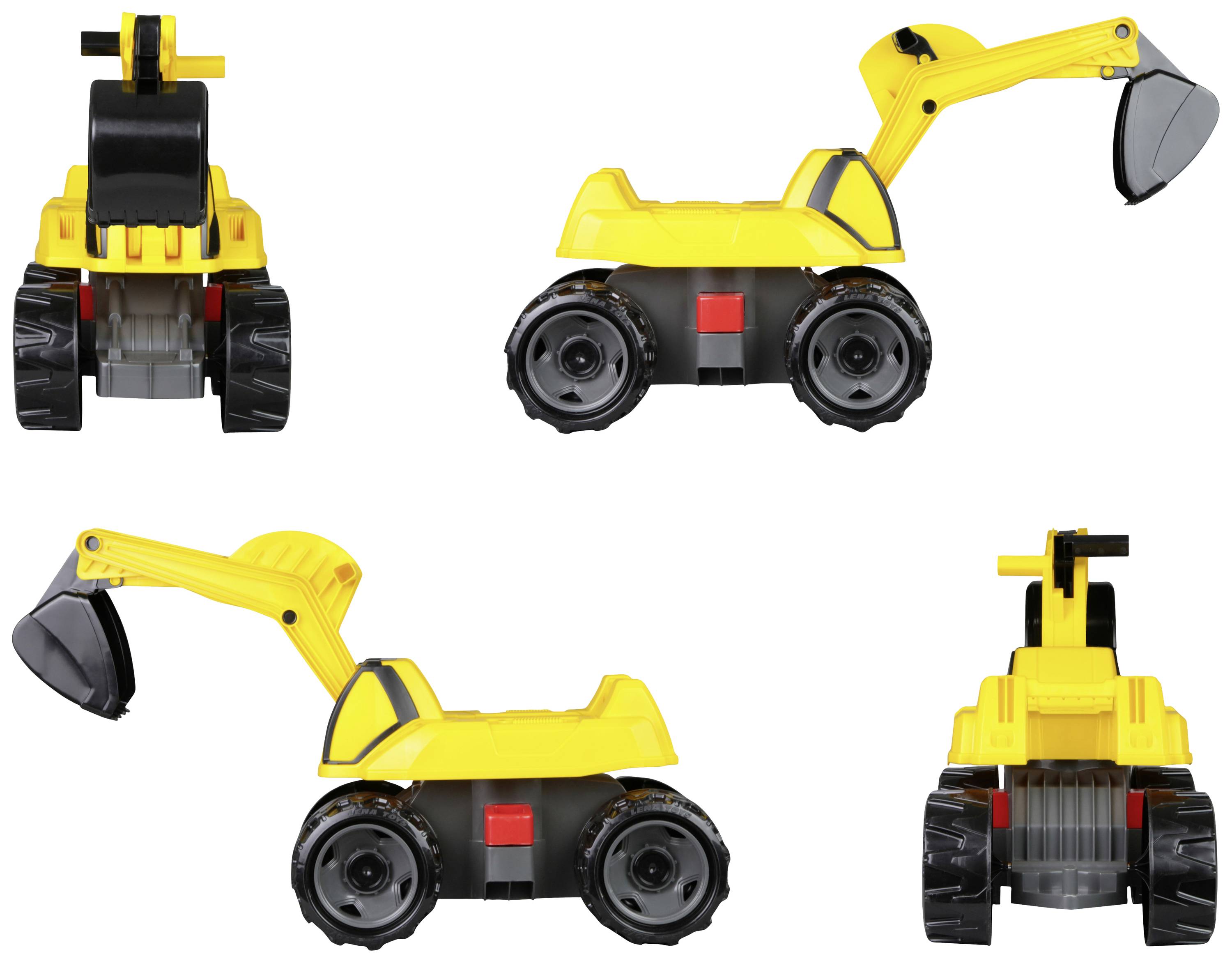 Spielzeug-Bagger aus Kunststoff, gelb und schwarz, in vier Ansichten: Front, Seite, Rückseite und schräg.